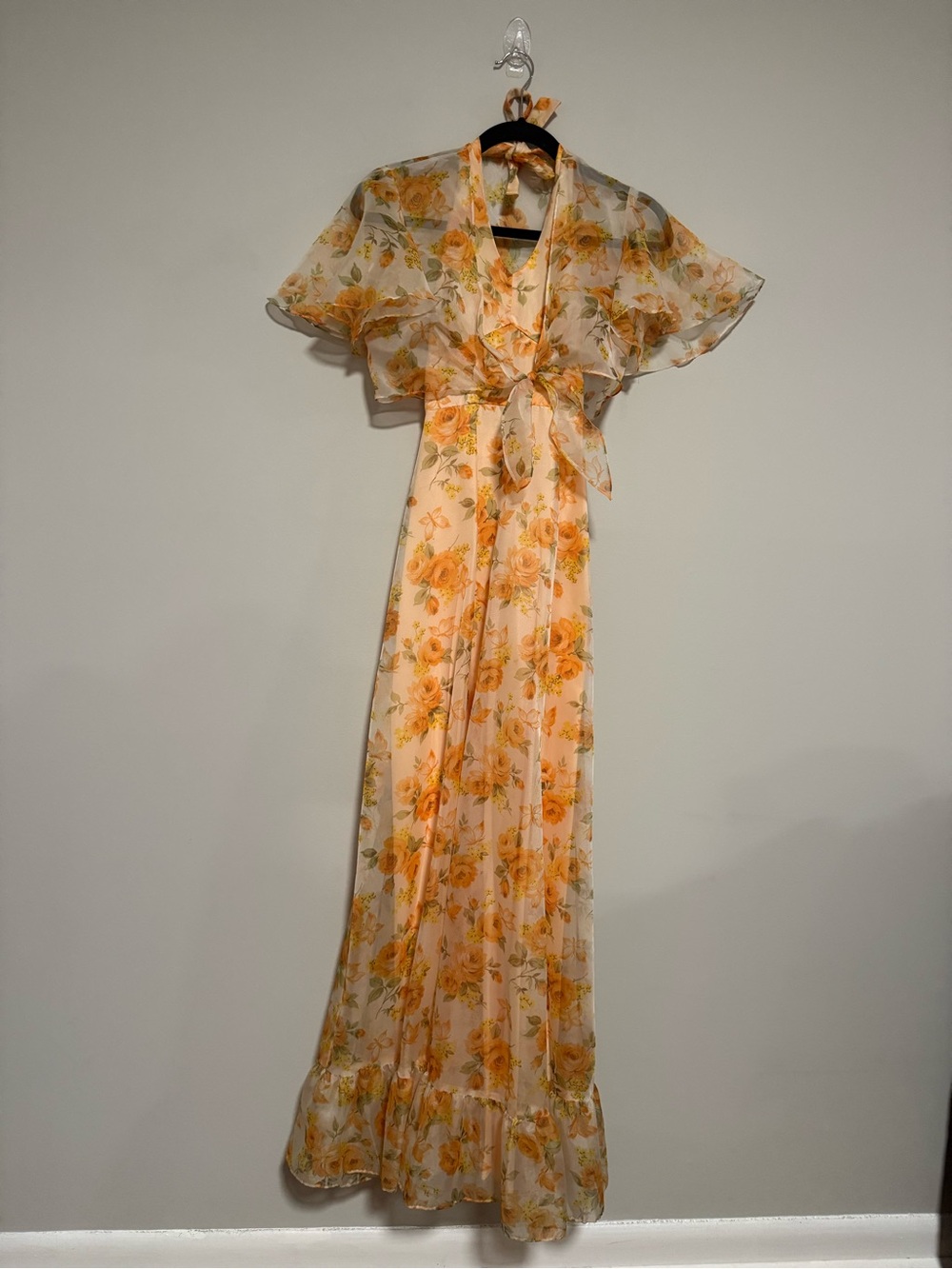 Vintage Sylvia Ann Orange Floral Halter Maxi Dress with Cape 60s 70s